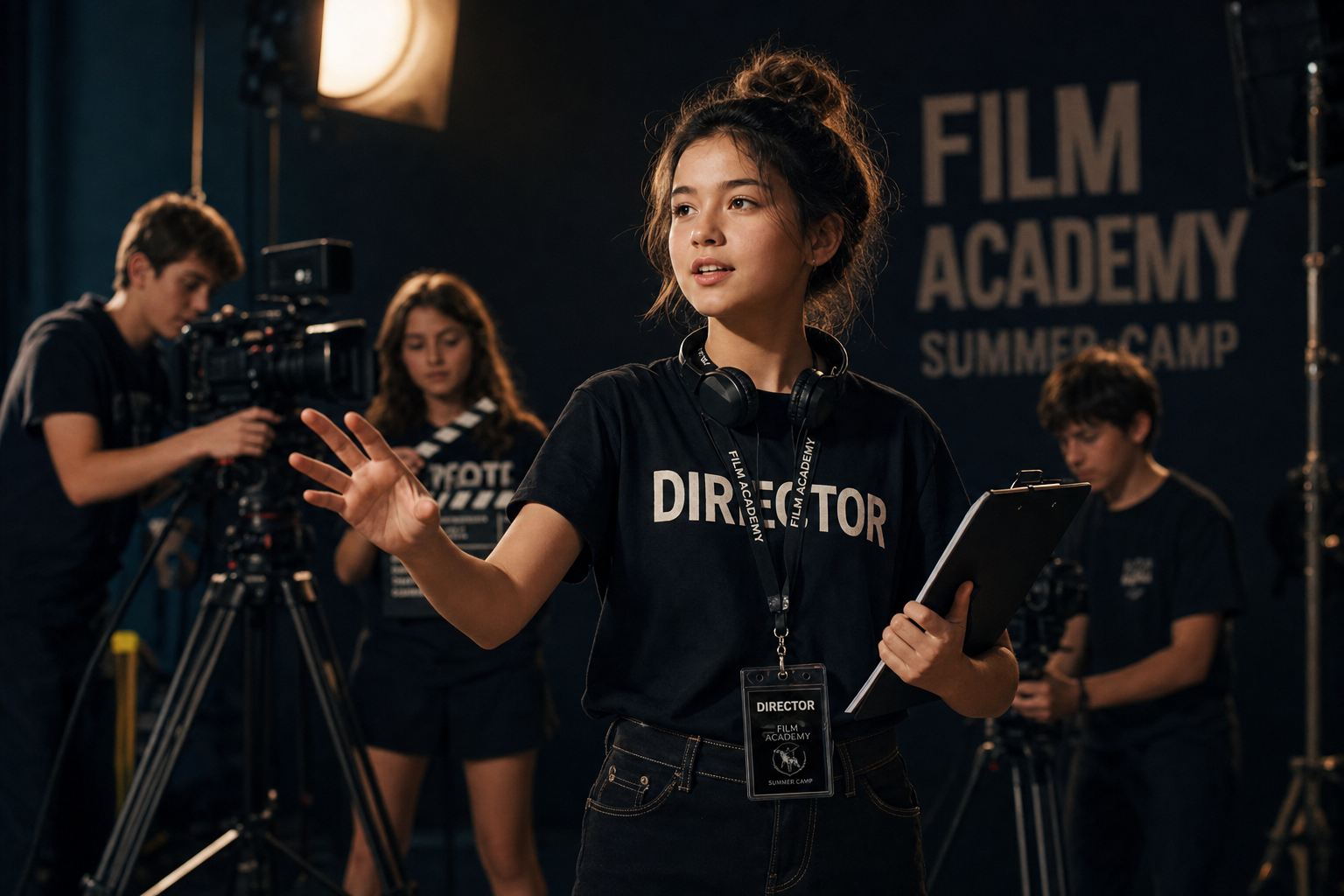 Student directing a film scene in the studio